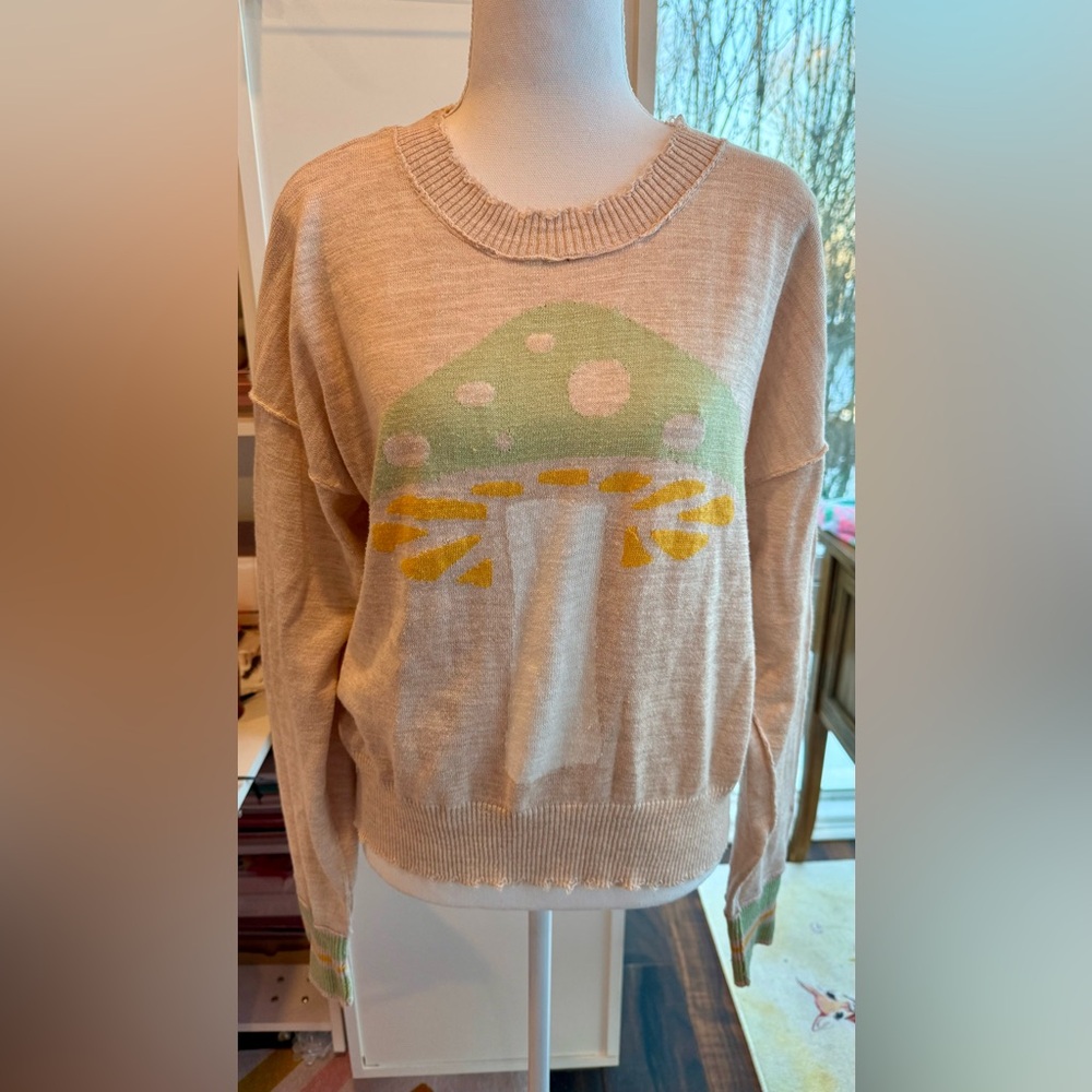 Wildfox Magic Philo Mushroom Sweater Distressed Hem Beige M